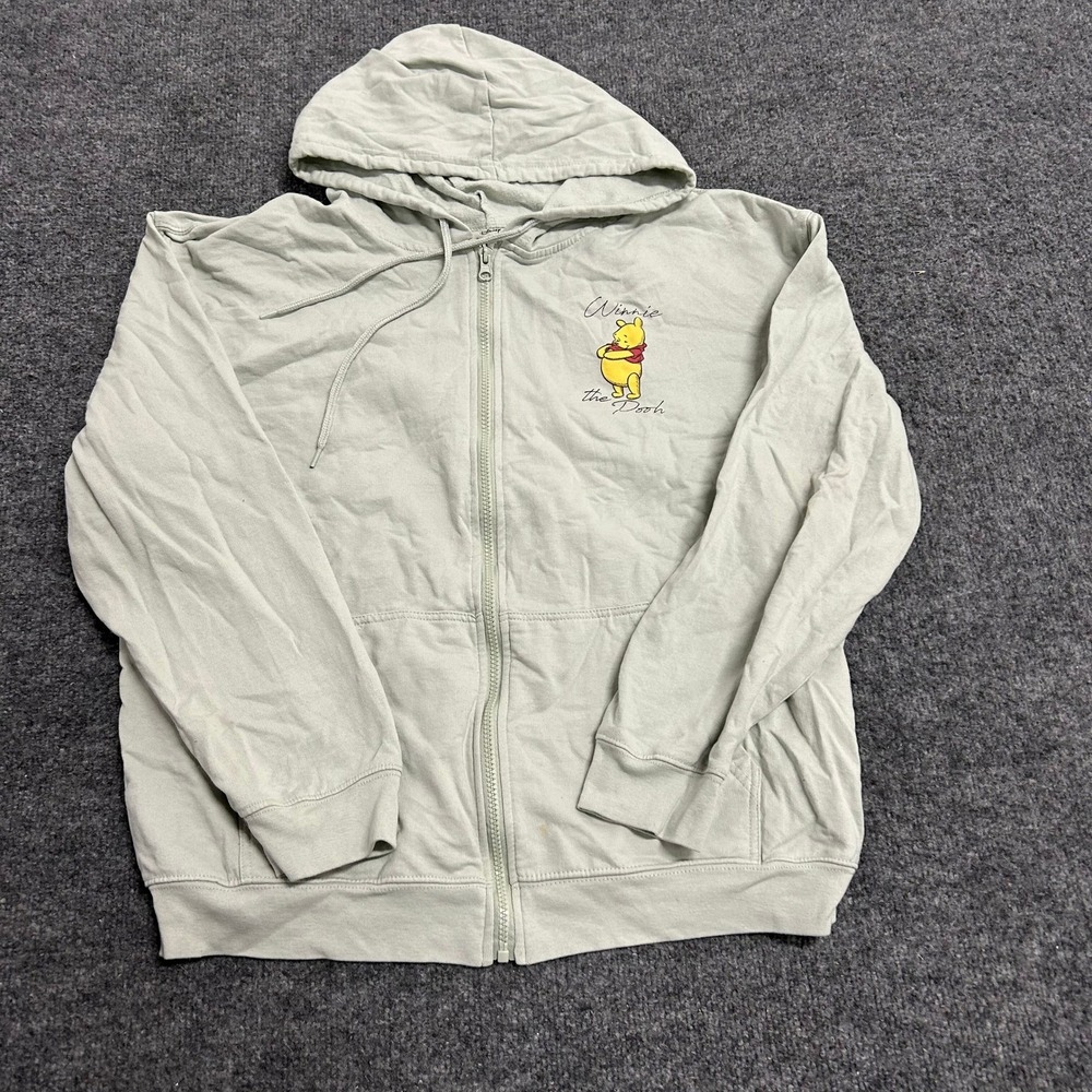 Disney Hoodie Womens Size L Sage Green Winnie the Pooh Graphic Zip Up Sweatshirt
